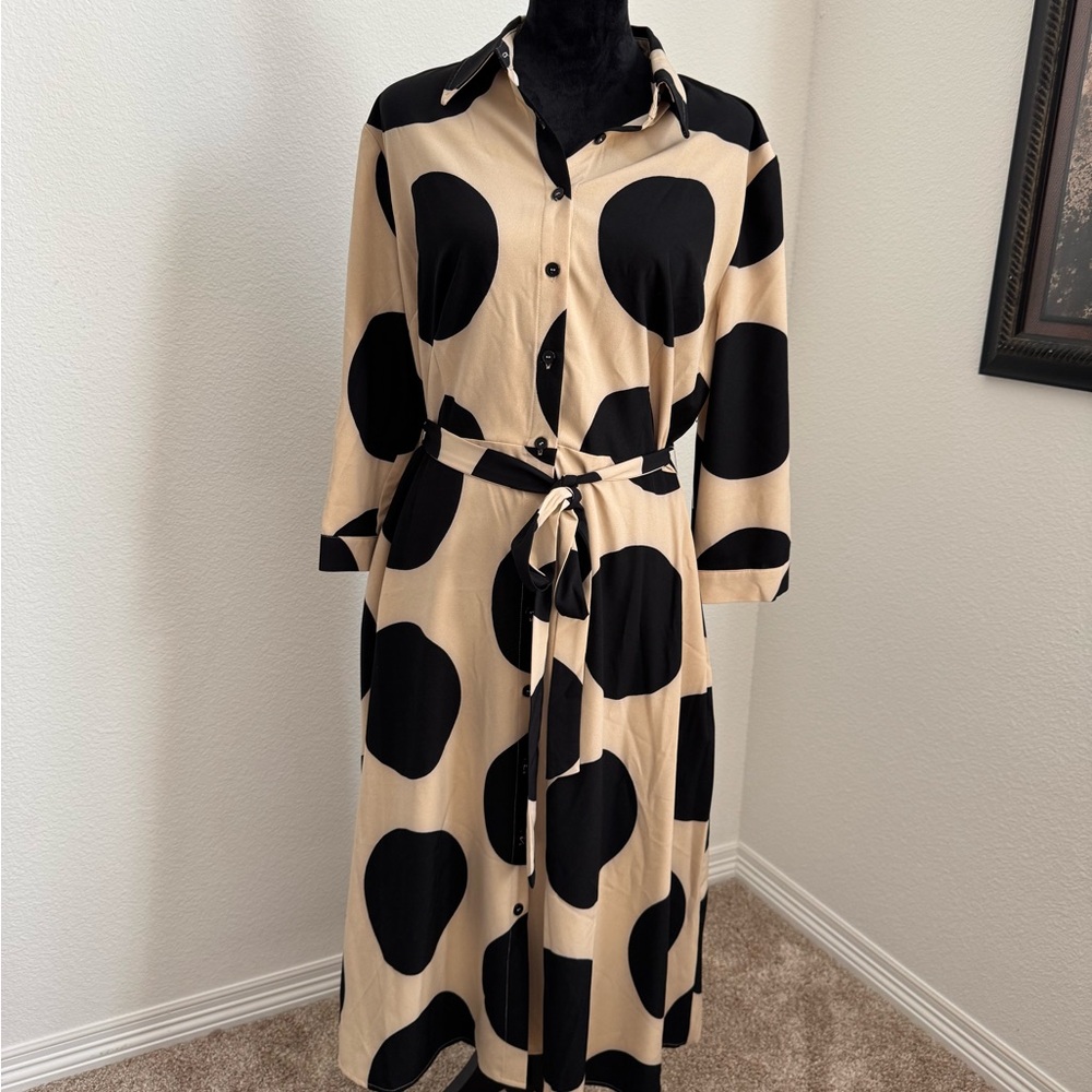 New York & Company Black and Tan Polka Dot Long Sleeve Dress